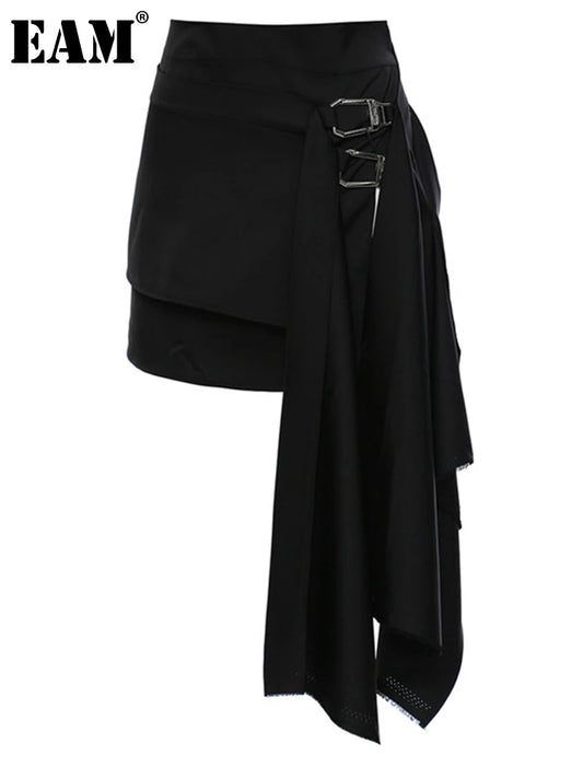 EAM High Waist Black Buckle Irregular Burr Personality Half-body Skirt Women Fashion Tide New Spring Autumn 2023 1DE1680